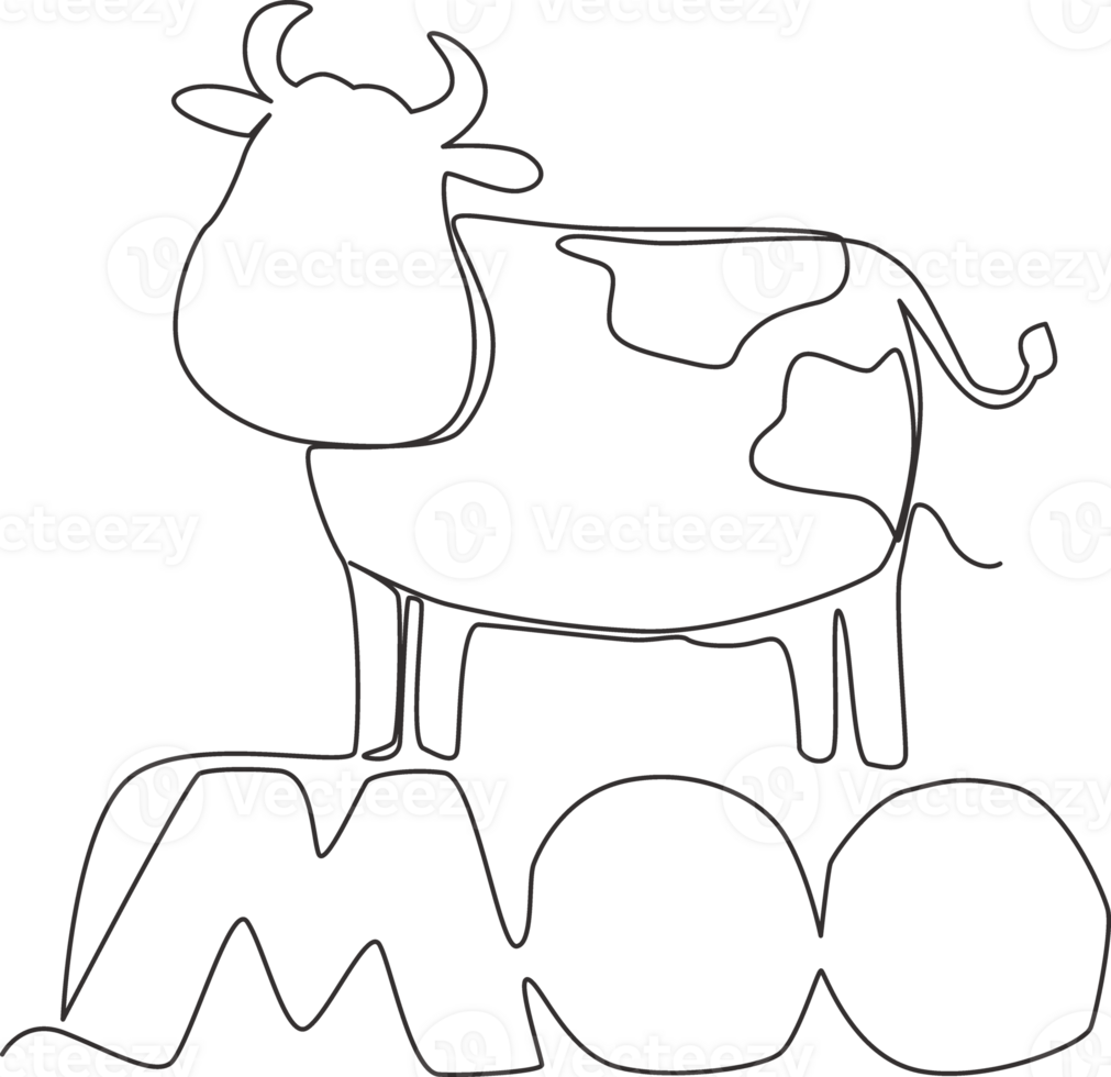 Single continuous line drawing of cute and adorable typography animal quote - Moo for cow sound. Calligraphic design for print, card, banner, poster. One line draw design illustration graphic png
