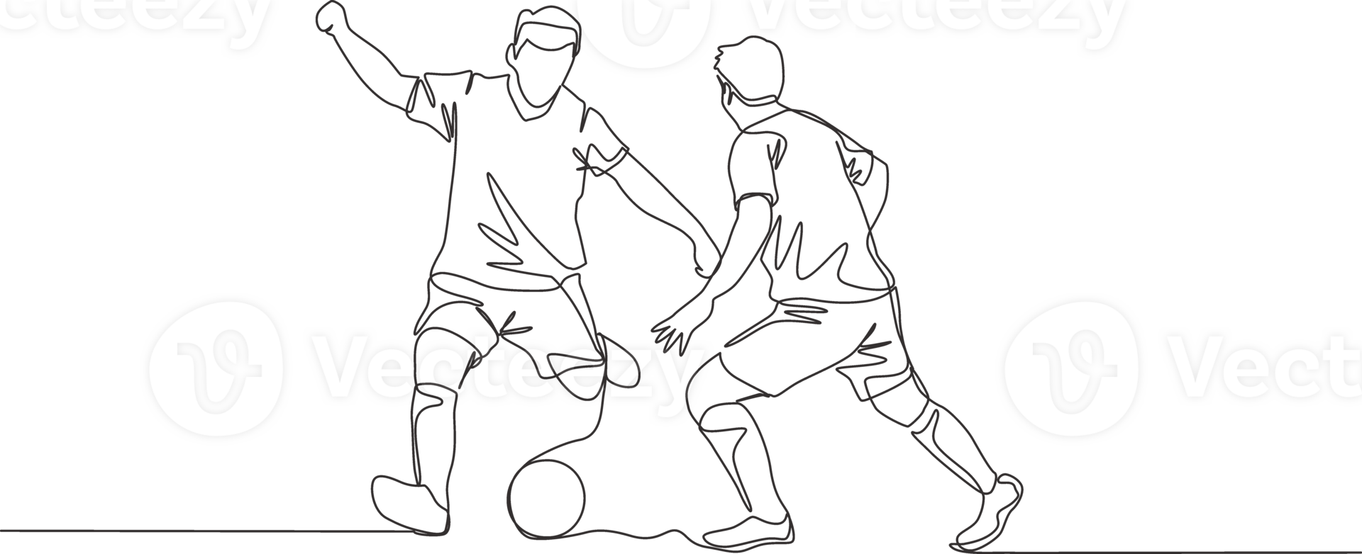 One continuous line drawing of young energetic football striker dribbling ball pass the opponent defender. Soccer match sports concept. Single line draw design illustration png