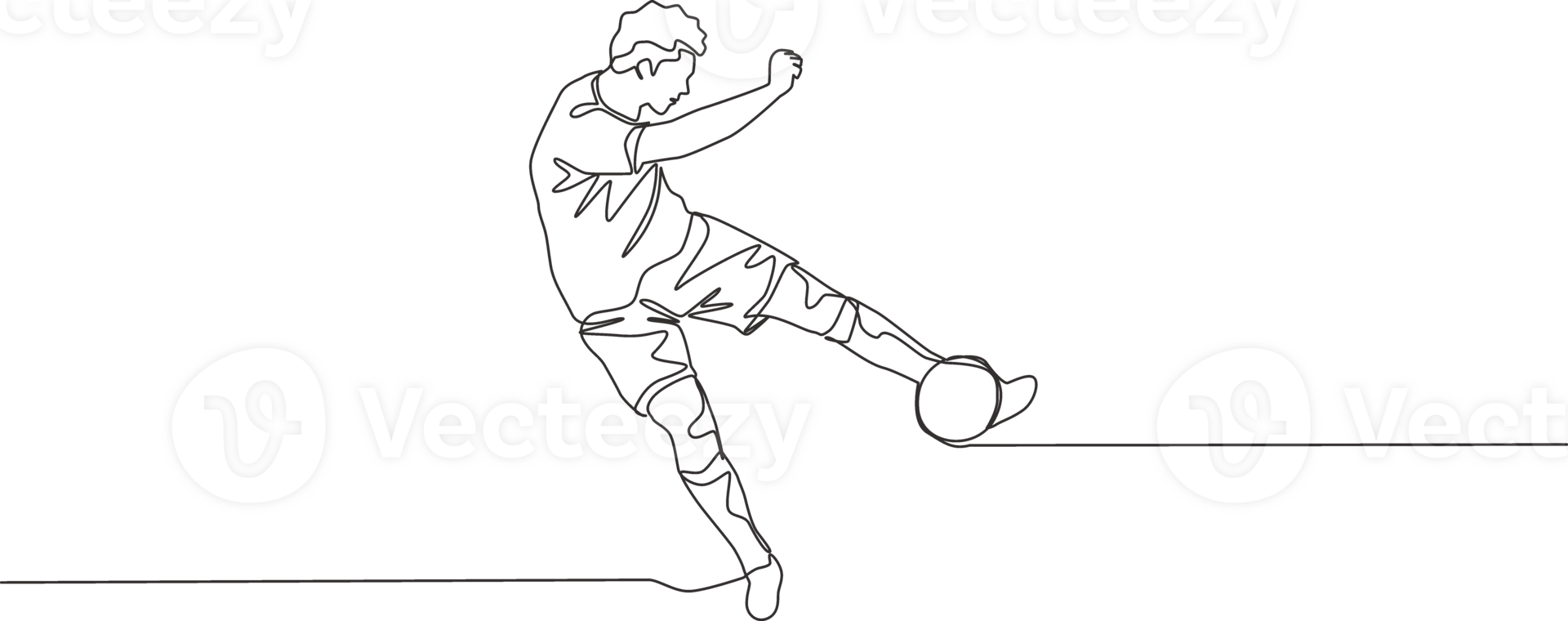 One continuous line drawing of young talented football player shooting the ball with first time kick technique. Soccer match sports concept. Single line draw design illustration png