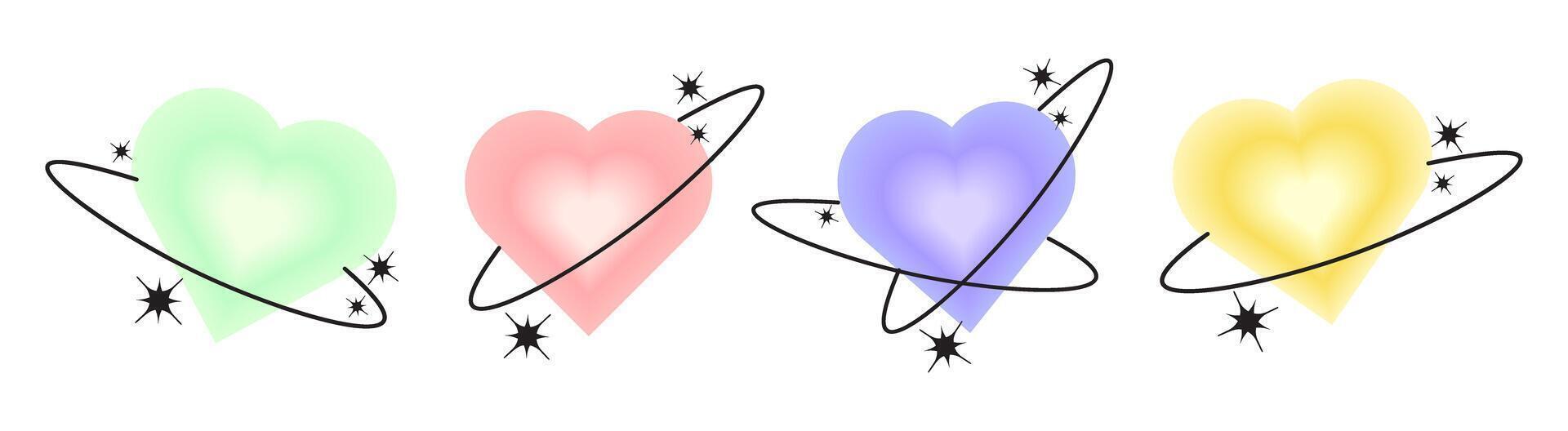 Set of blurry pink and blue hearts aura aesthetic elements with linear form and sparkle. Trendy modern y2k style design template. Blurred gradient hearts with stars vector