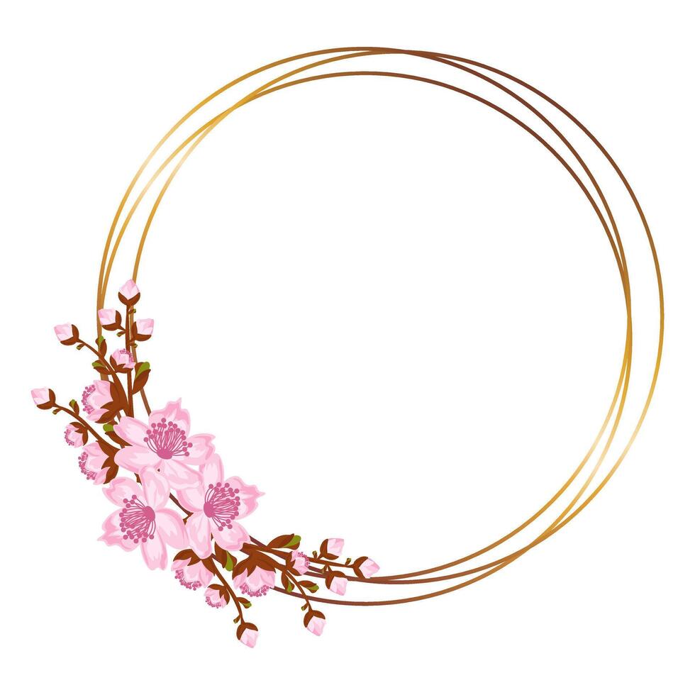 Gold frame with arrangement of twigs sakura or cherry blossom. Design for invitation or greeting cards vector