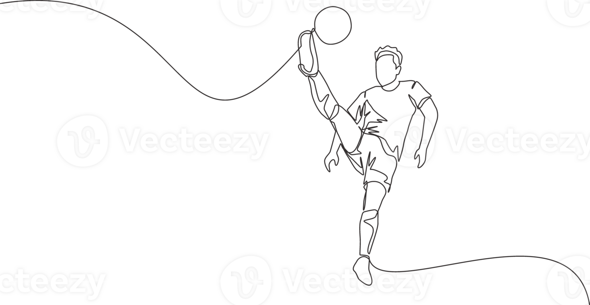 One single line drawing of young happy football player with short sleeve jersey kicking the ball while he's jumping. Soccer match sports concept. Continuous line draw design illustration png