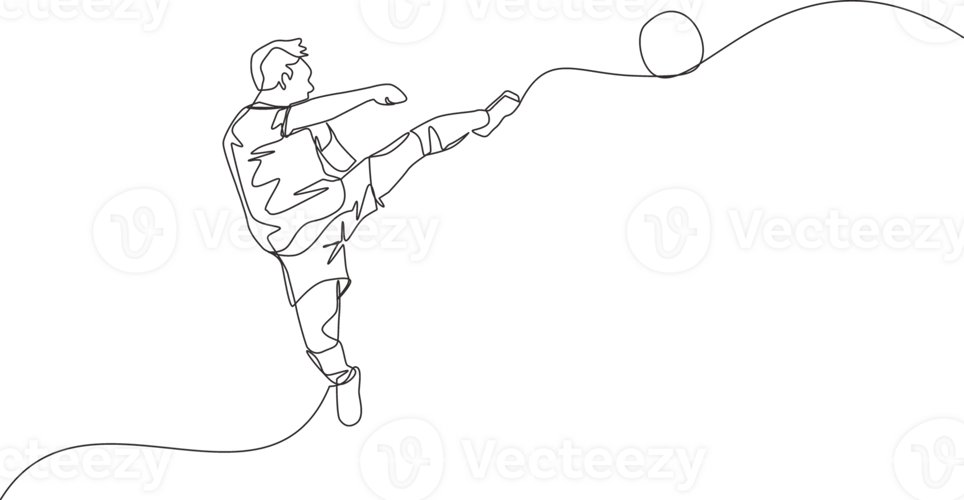 One single line drawing of young happy football player practice kicking the ball while jumping at the field stadium. Soccer match sports concept. Continuous line draw design illustration png