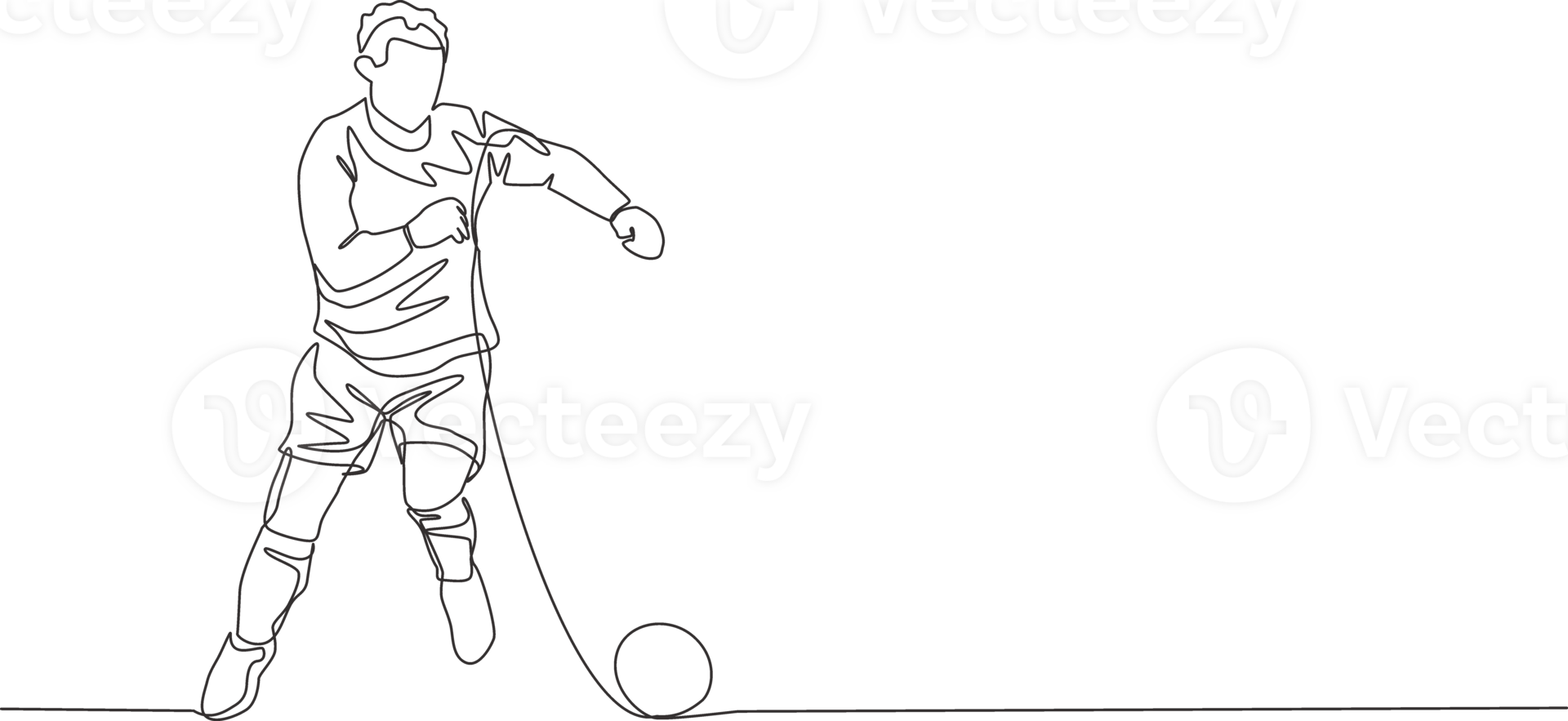 One single line drawing of young football player with long sleeve shirt dribbling the ball at training session. Soccer match sports concept. Continuous line draw design illustration png