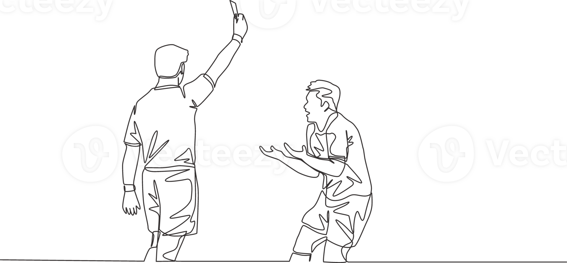 Single continuous line drawing of referee punished young football player a yellow card to his foul at the game. Soccer match sports concept. One line draw design illustration png