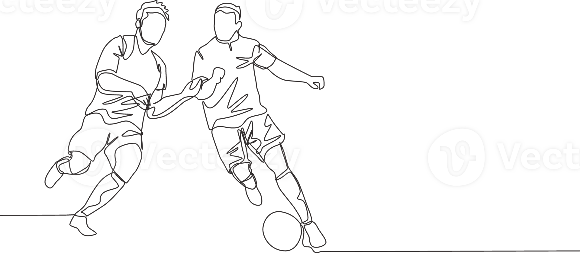 Single continuous line drawing of young energetic football player defending the ball from opponent player who want to seize it. Soccer match sports concept. One line draw design illustration png