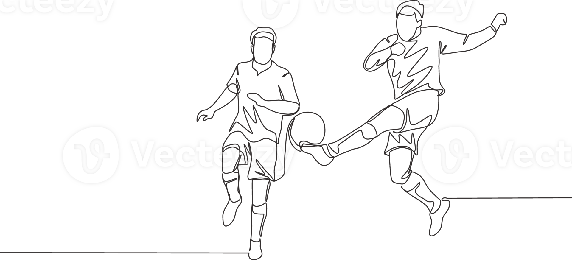 One continuous line drawing of young energetic football player doing ball clearance to keep his area safe from opponent attack. Soccer match sports concept. Single line draw design illustration png