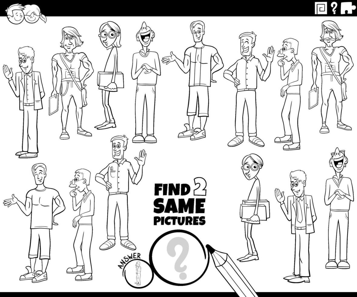 find two same cartoon men characters activity coloring page vector