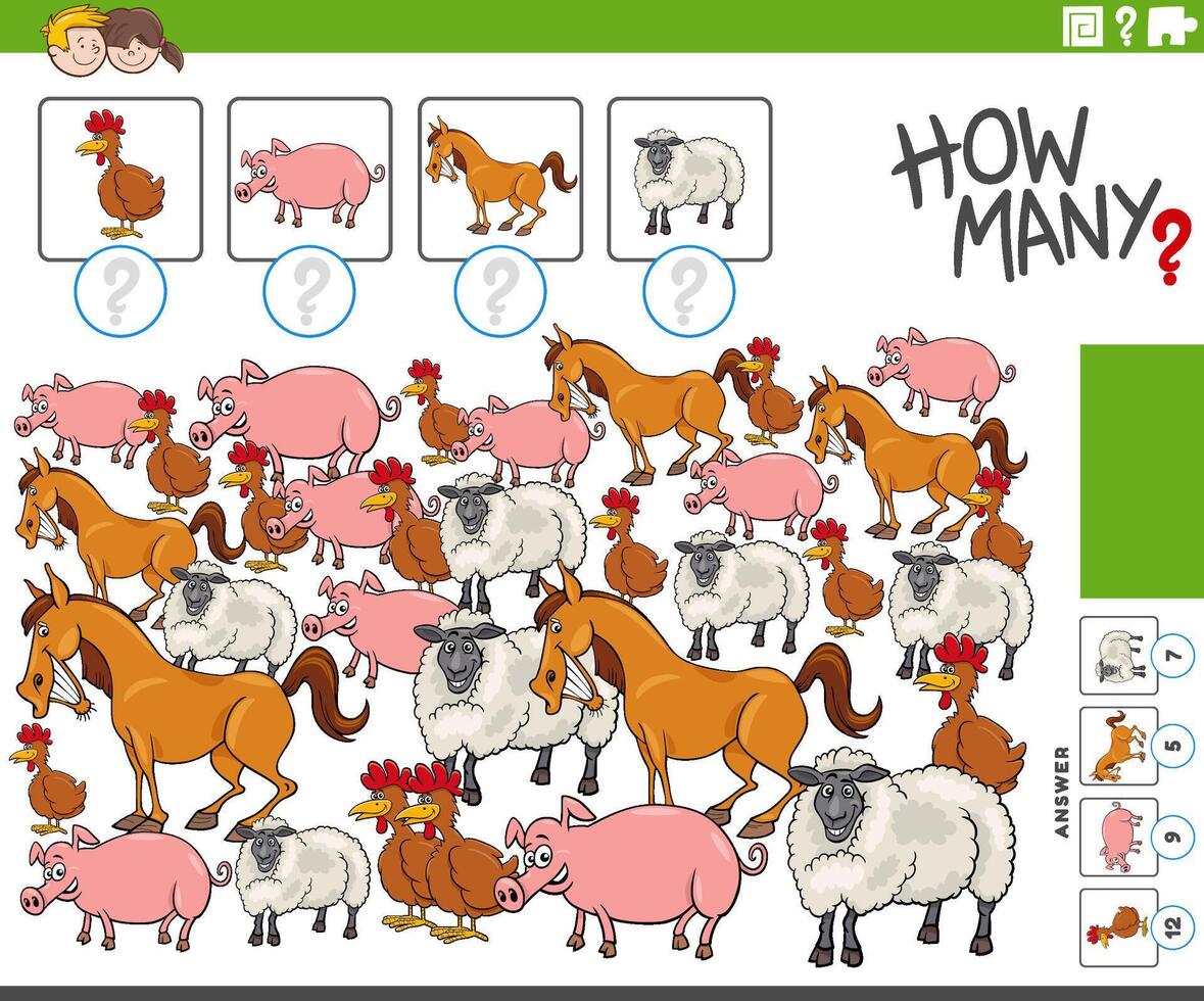 how many counting activity with cartoon farm animals vector