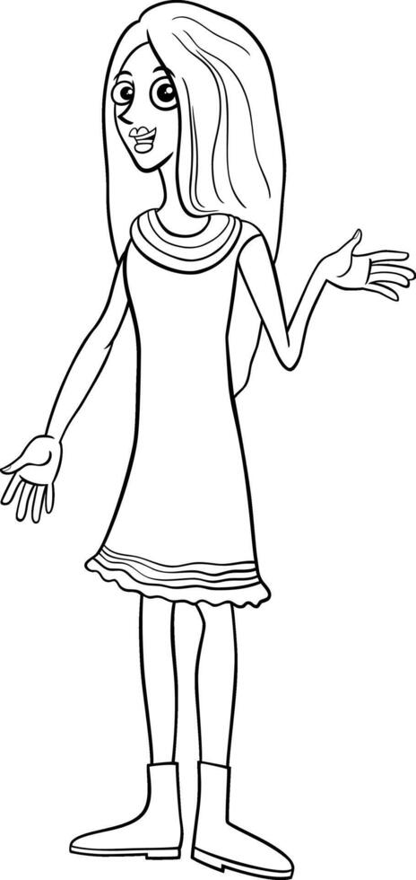 funny cartoon young woman or girl character coloring page vector