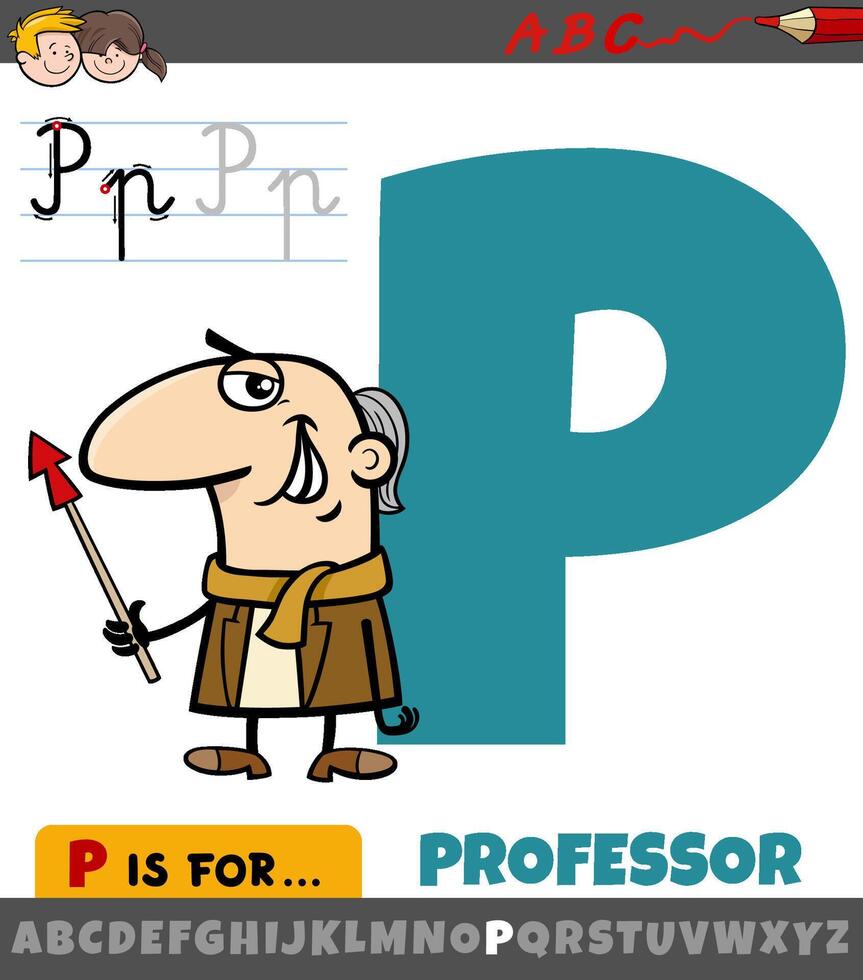 letra pags desde alfabeto con dibujos animados profesor personaje vector