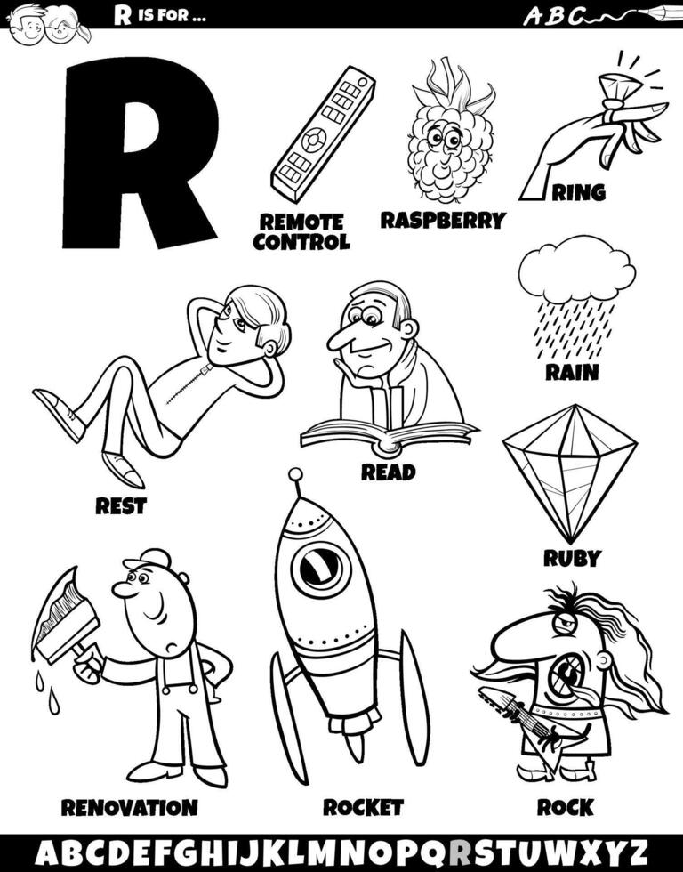 Letter R set with cartoon objects and characters coloring page vector