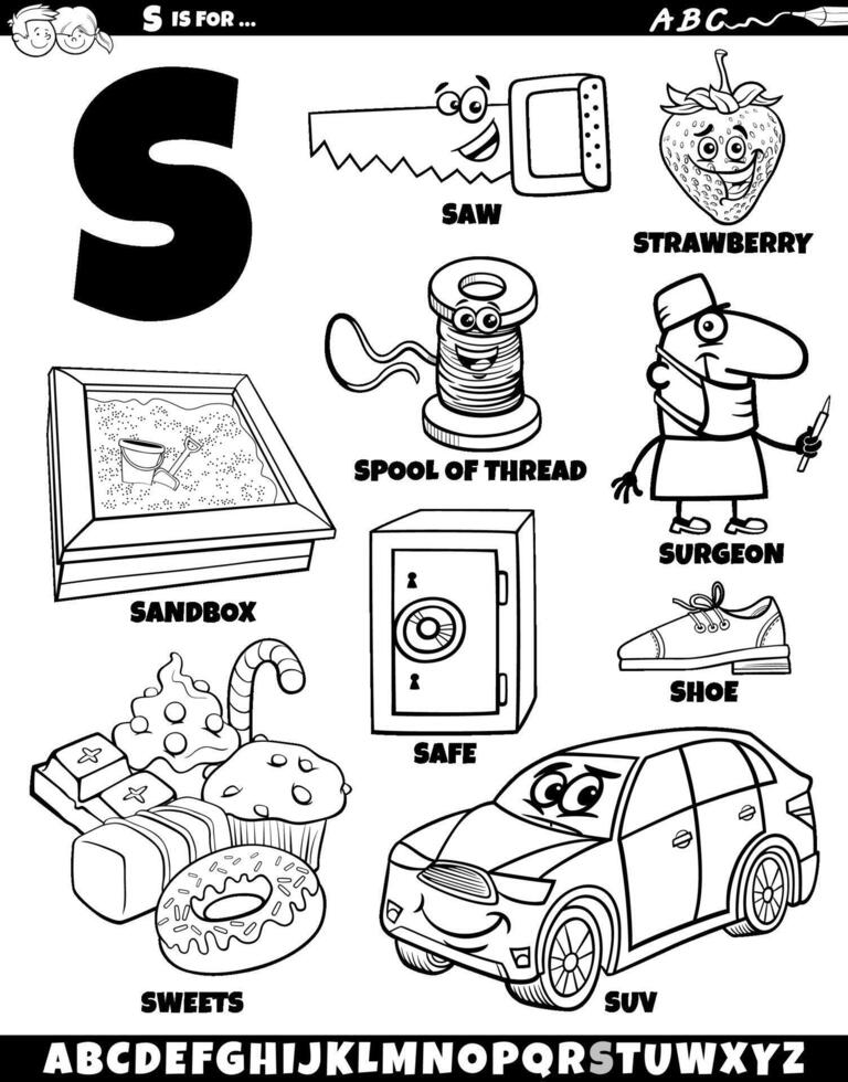 Letter S set with cartoon objects and characters coloring page vector