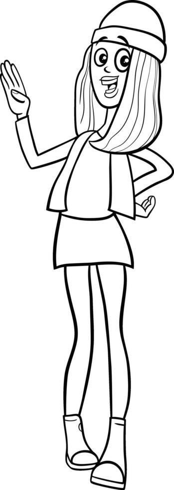 funny cartoon young woman or girl character coloring page vector