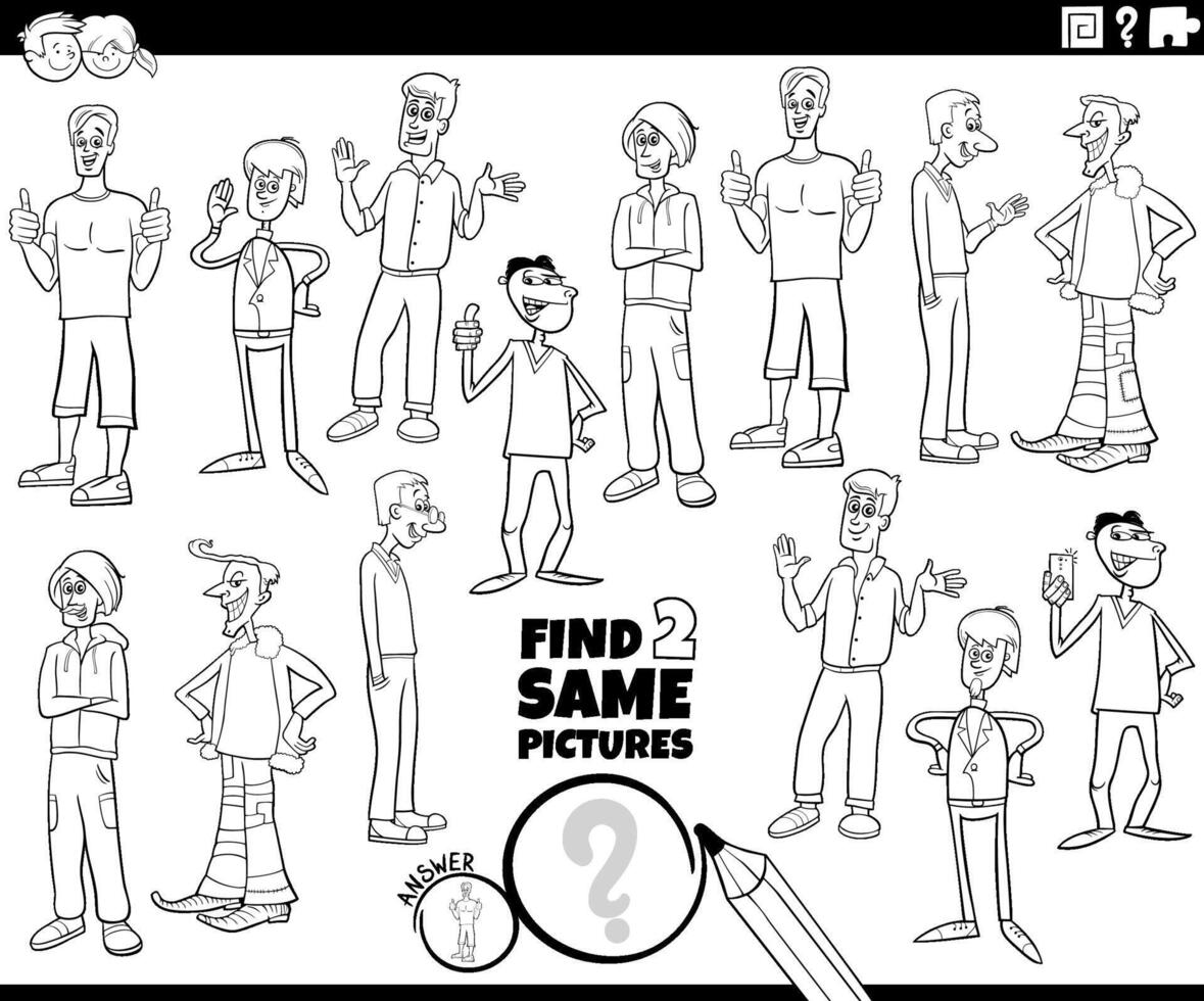 find two same cartoon men characters game coloring page vector