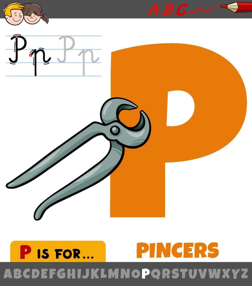 letter P from alphabet with cartoon pincers tool vector