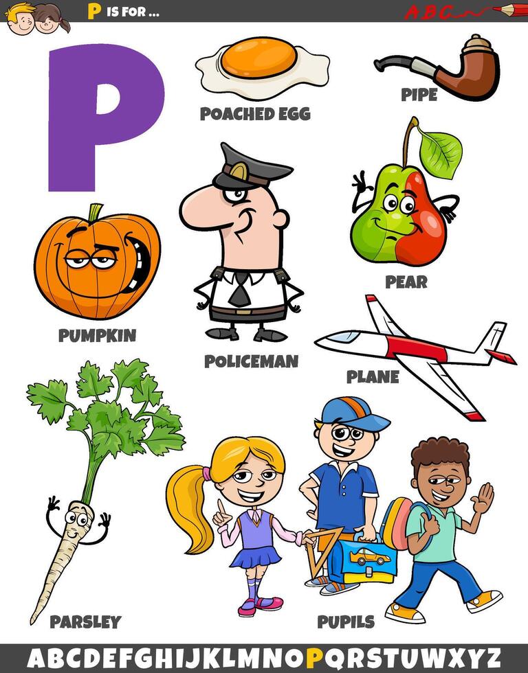 Letter P set with cartoon objects and characters vector