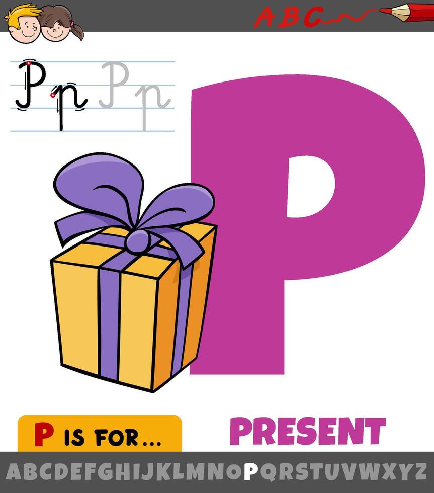 letter P from alphabet with cartoon present object vector