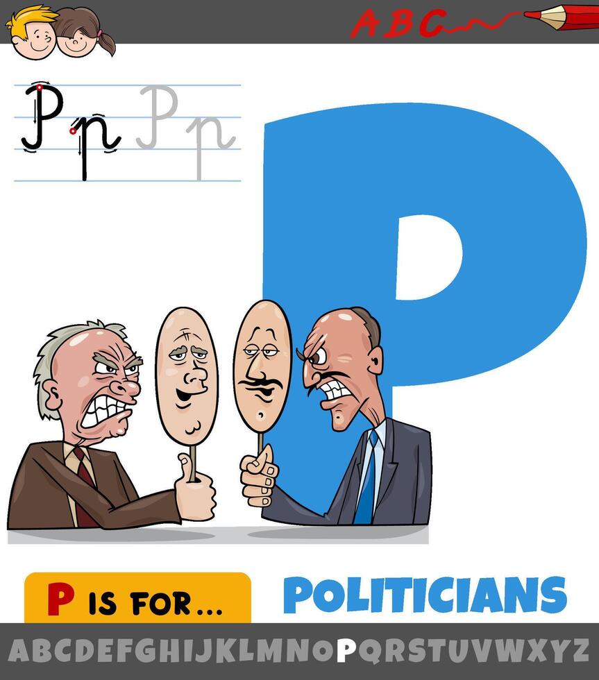 letra pags desde alfabeto con dibujos animados politicos caracteres vector