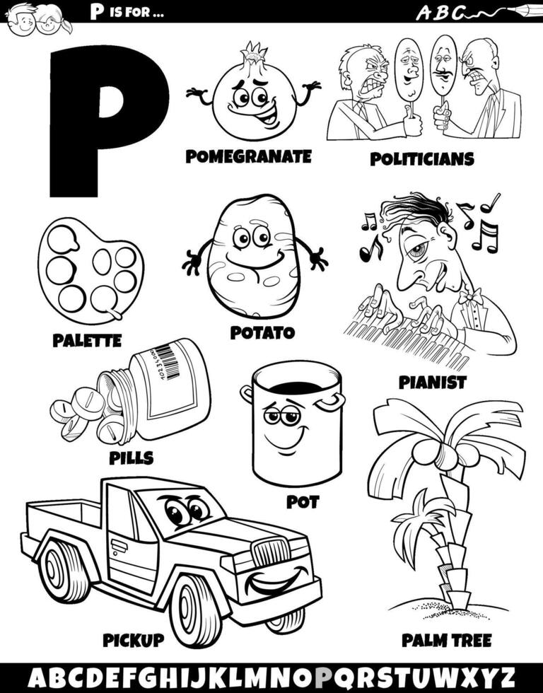 Letter P set with cartoon objects and characters coloring page vector