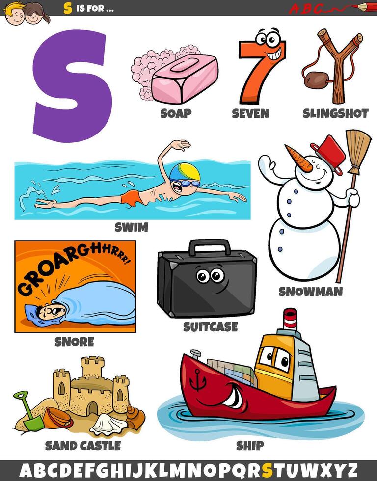 Letter S set with cartoon objects and characters vector