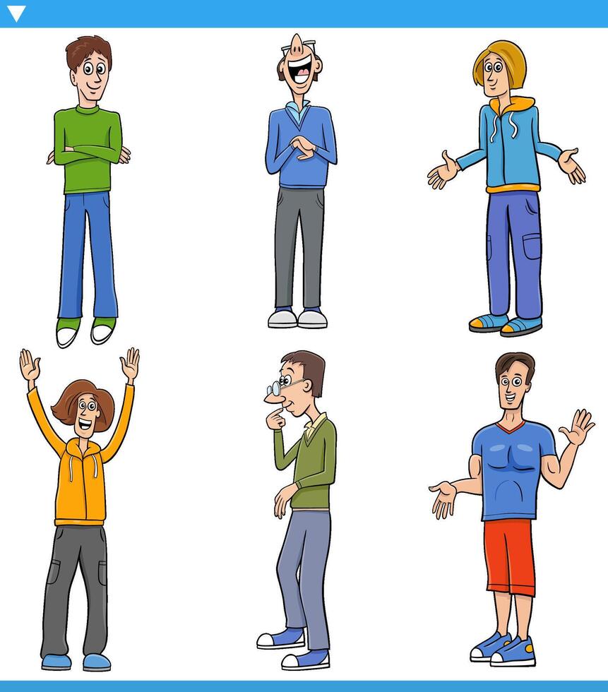 cartoon funny young men comic characters set vector