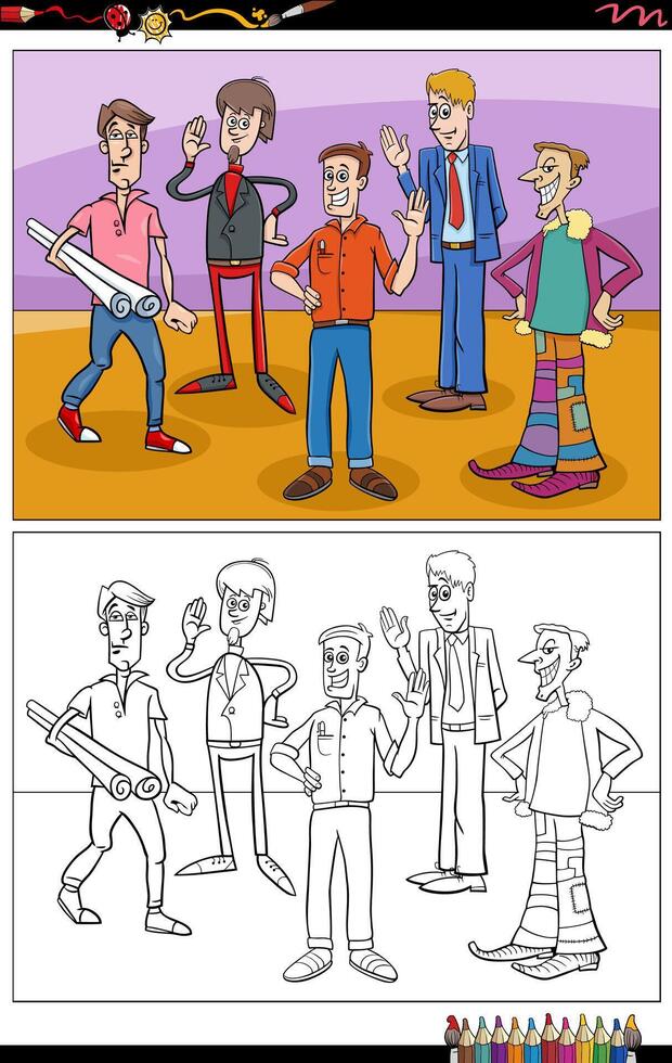 cartoon young men characters group coloring page vector