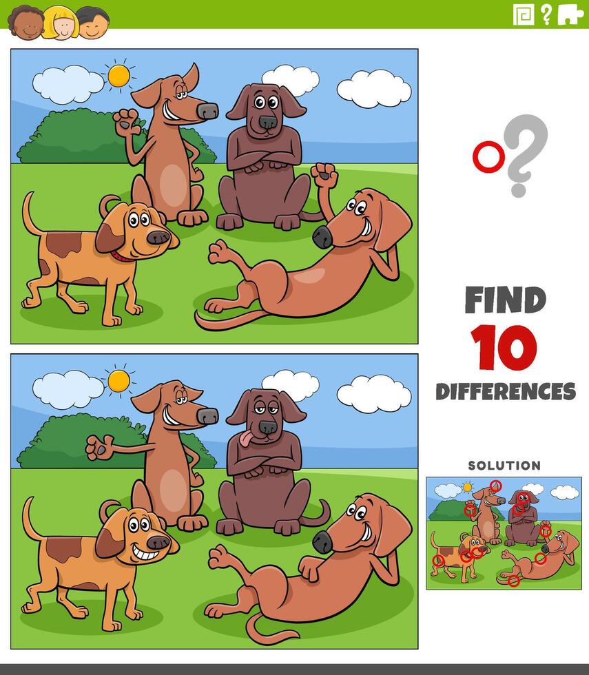 juego de diferencias con personajes de animales de perros de dibujos animados vector