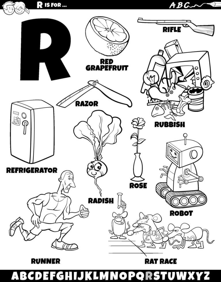 Letter R set with cartoon objects and characters coloring page vector