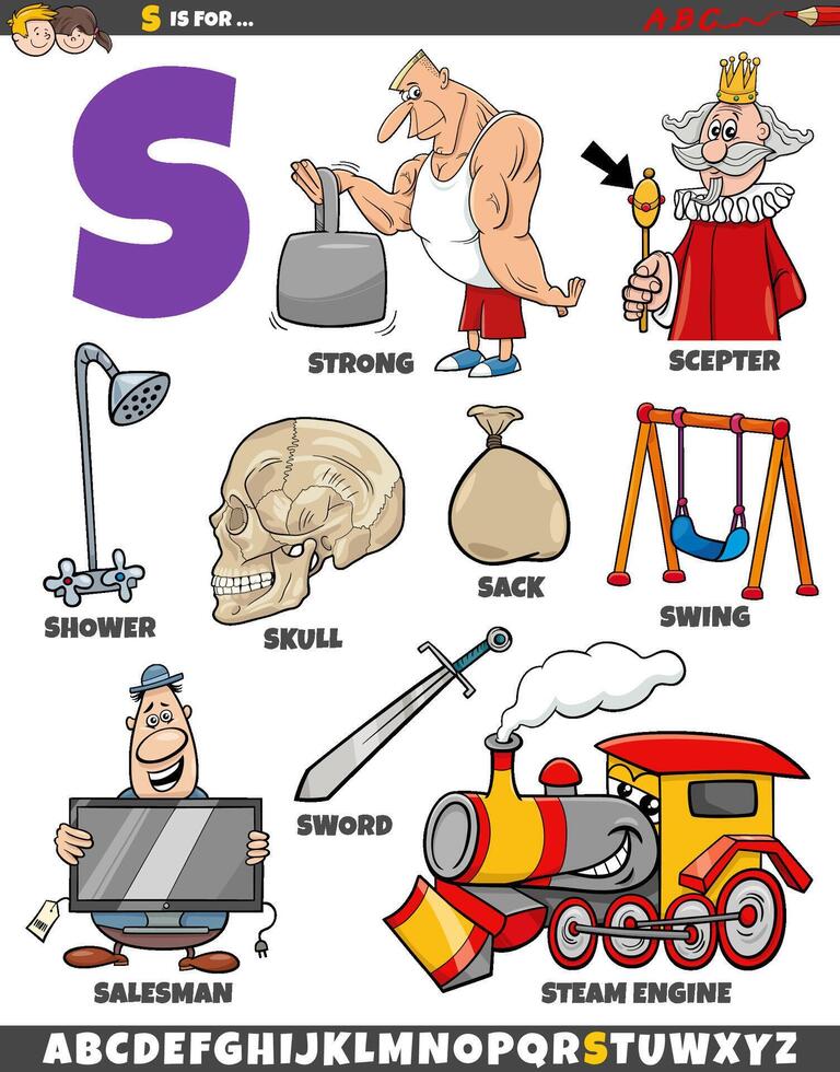 Letter S set with cartoon objects and characters vector