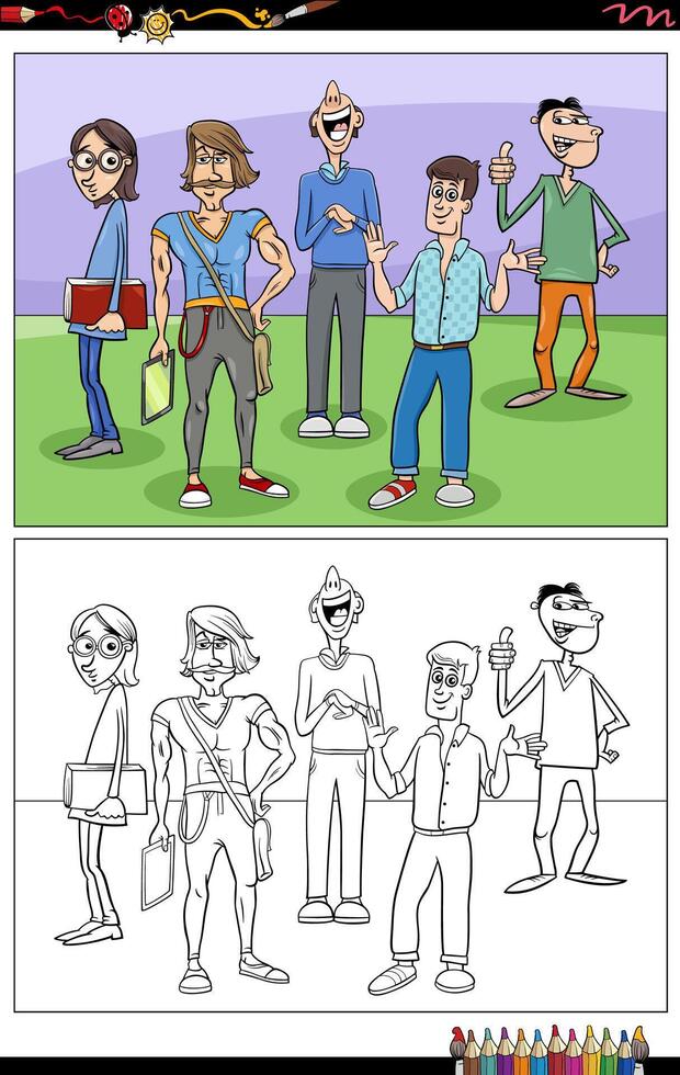 cartoon young men characters group coloring page vector