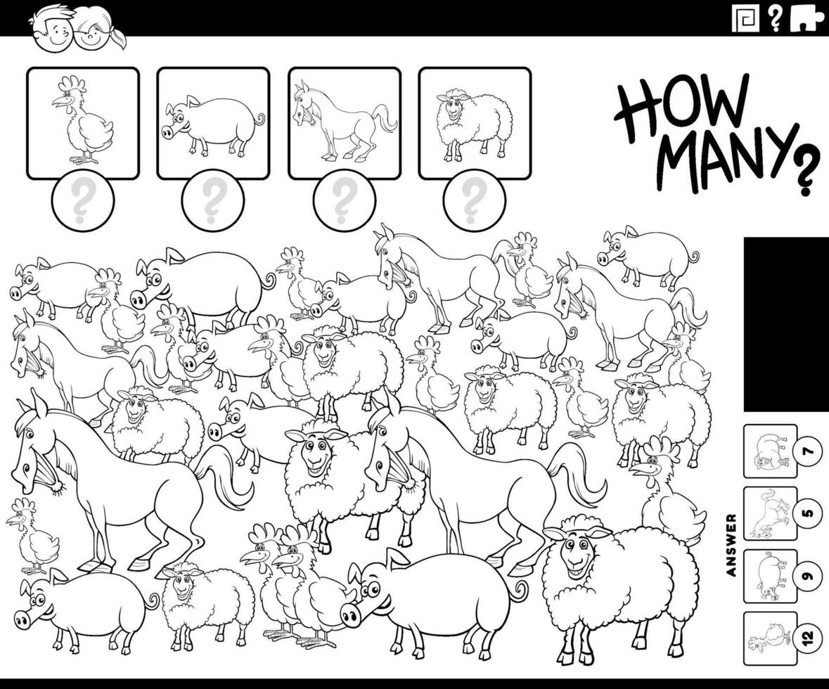 counting activity with cartoon farm animals coloring page vector