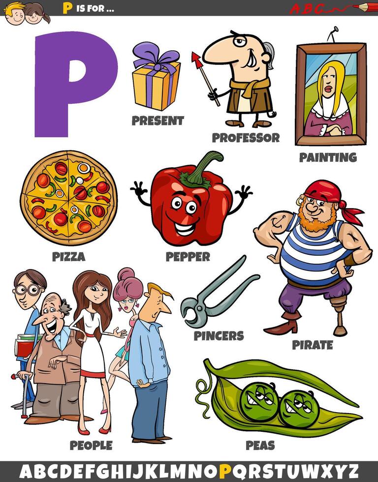 Letter P set with cartoon objects and characters vector