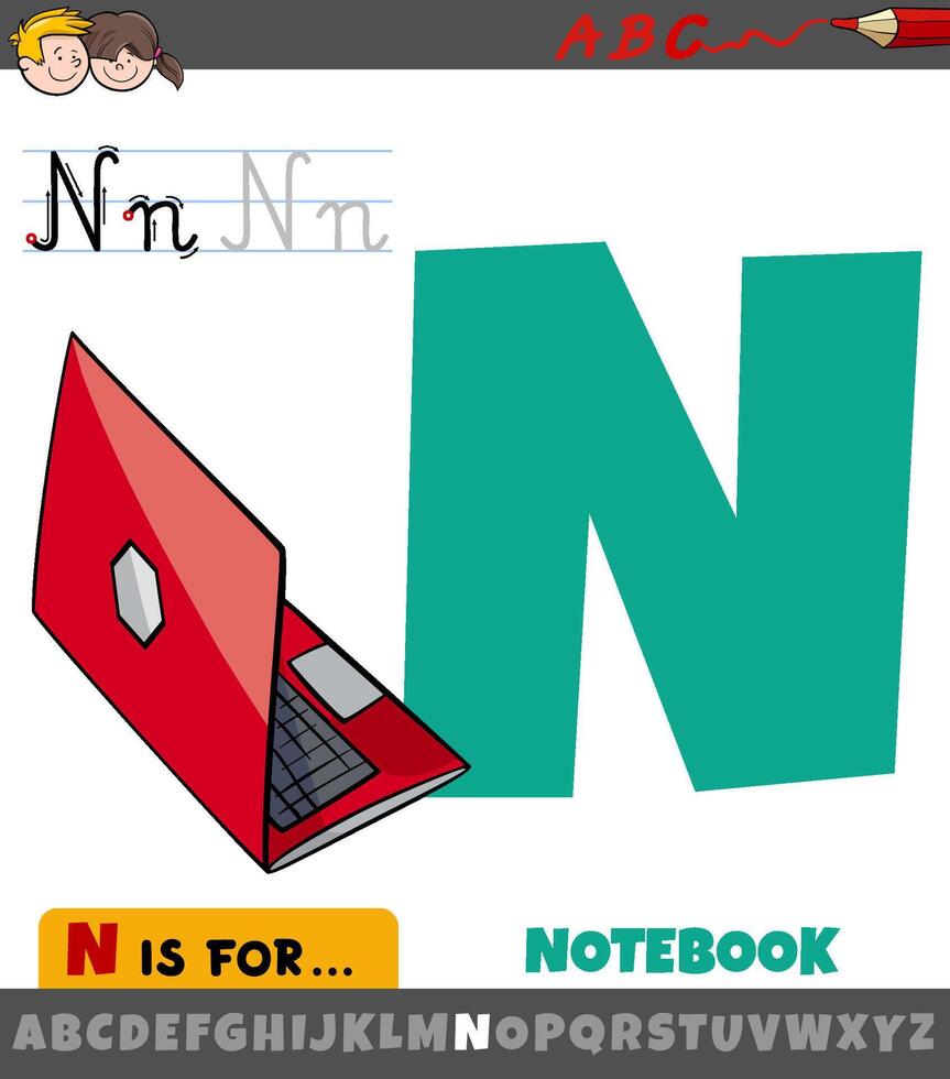 letra norte desde alfabeto con dibujos animados cuaderno electrónico dispositivo vector