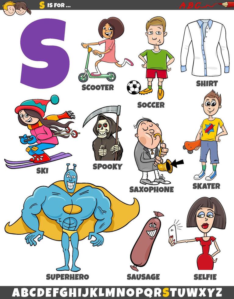 Letter S set with cartoon objects and characters vector