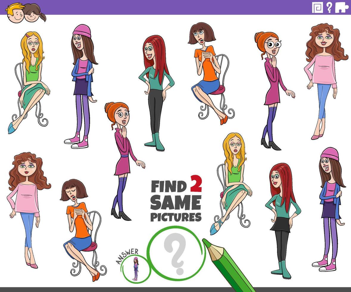 find two same cartoon girls or women characters activity vector