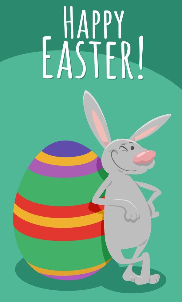 happy cartoon Easter bunny with painted egg greeting card vector