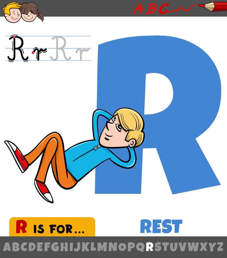 letter R worksheet with cartoon illustration of rest phrase vector