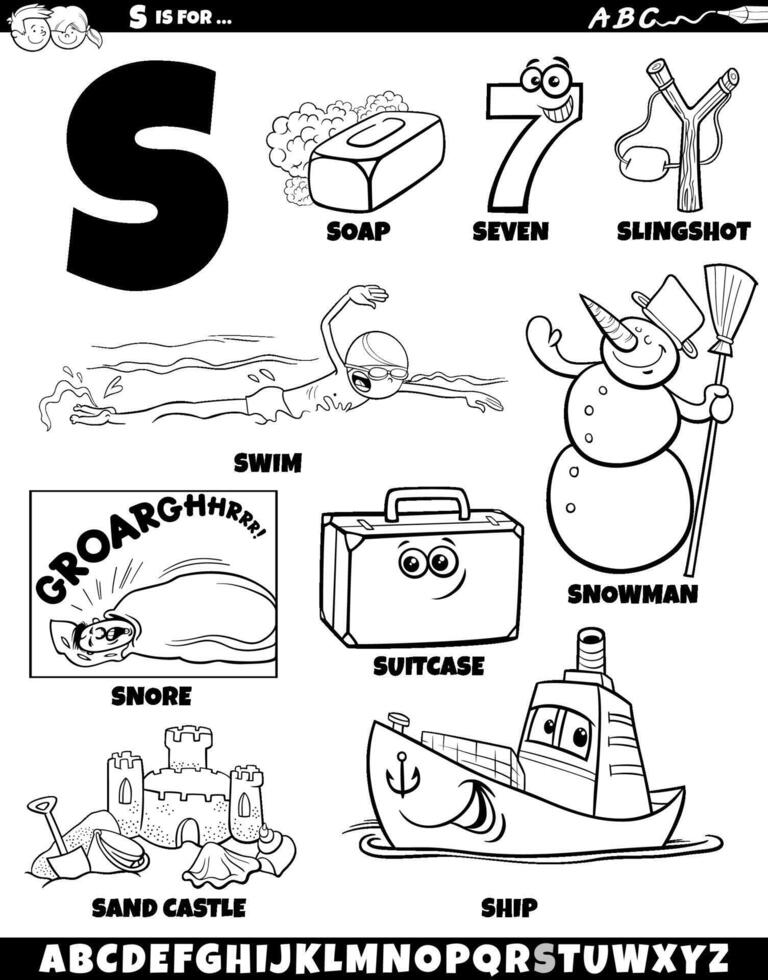 Letter S set with cartoon objects and characters coloring page vector