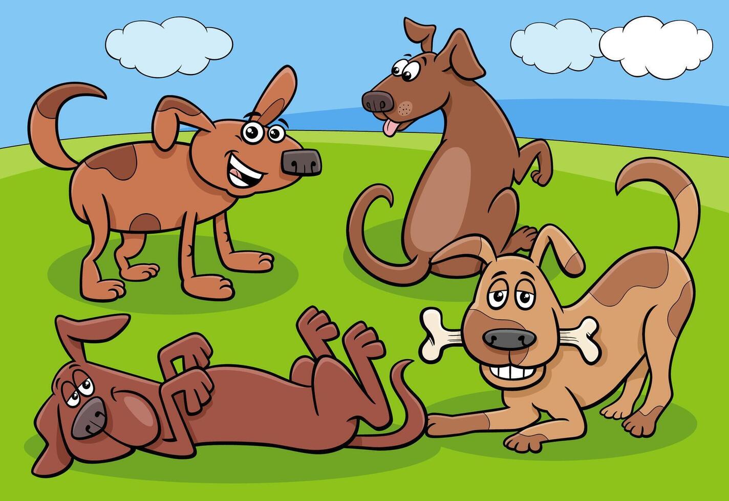 cartoon dogs and puppies characters group in the meadow vector
