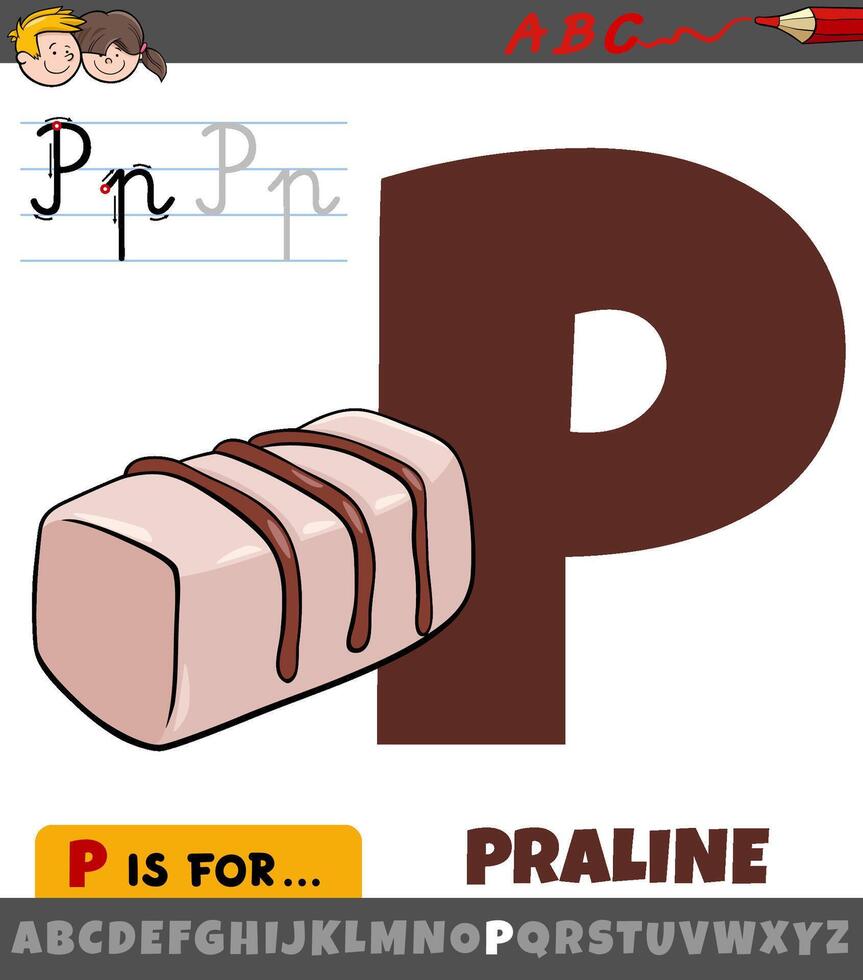 letter P from alphabet with cartoon praline sweet food vector