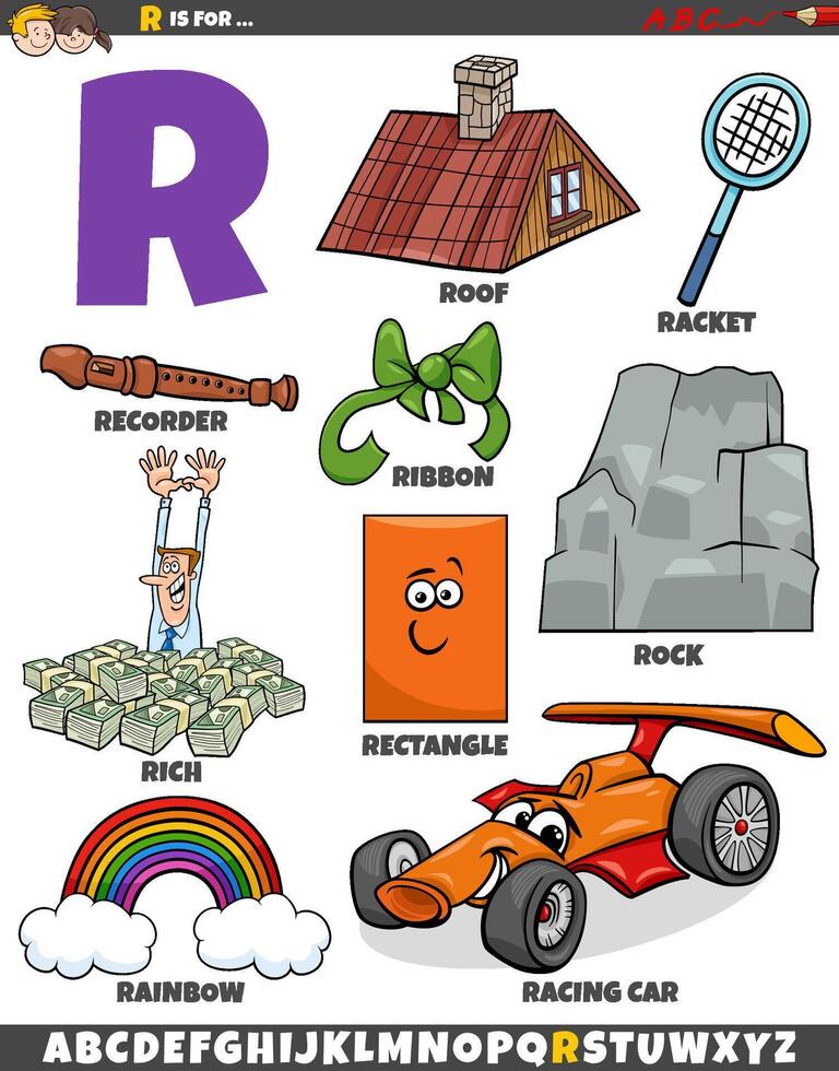 Letter R set with cartoon objects and characters vector