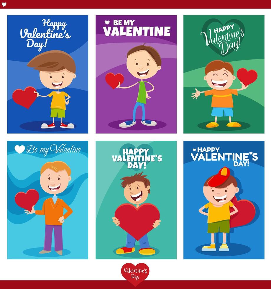 dibujos animados Niños con enamorado tarjetas en san valentin día conjunto vector