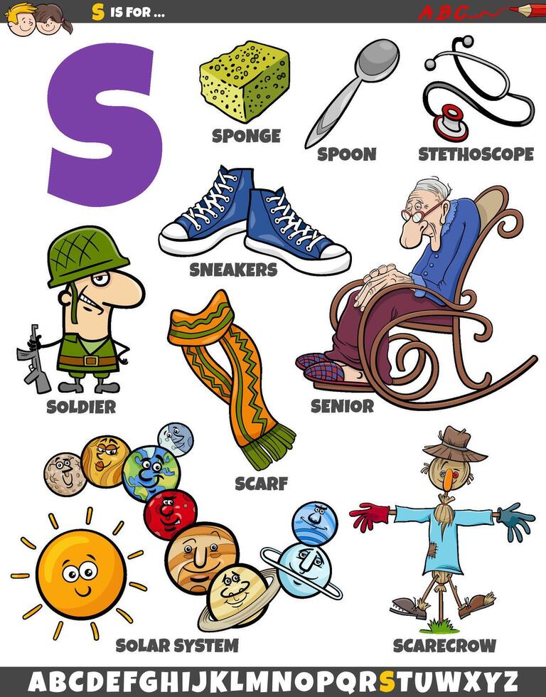 Letter S set with cartoon objects and characters vector