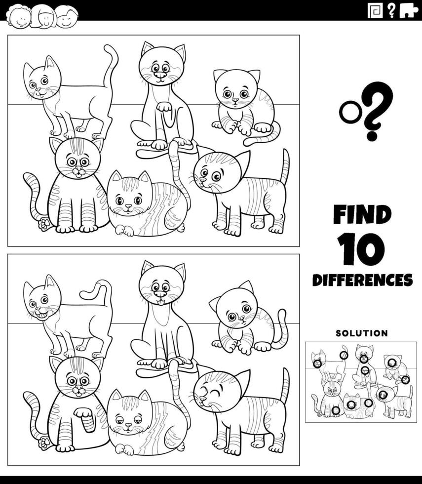 diferencias actividad con dibujos animados gatos caracteres colorante página vector