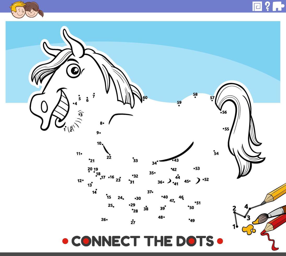 connect the dots activity with cartoon horse farm animal vector