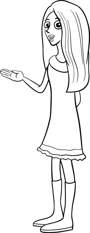 cartoon young woman or girl character coloring page vector