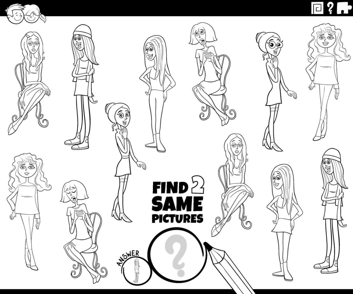 find two same cartoon girls characters activity coloring page vector