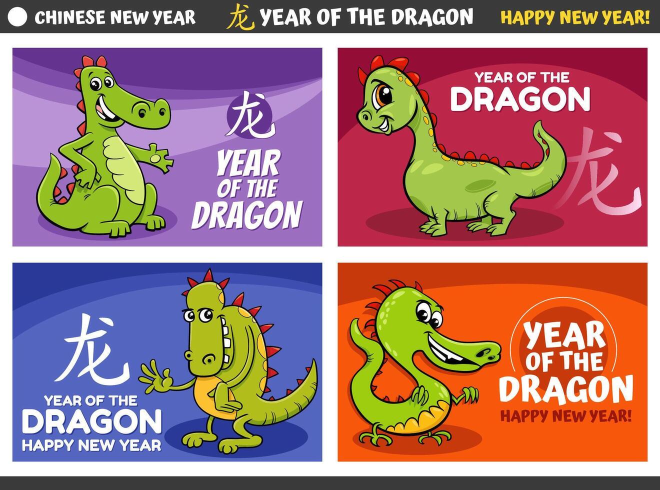 Chinese New Year designs set with cartoon dragon characters vector