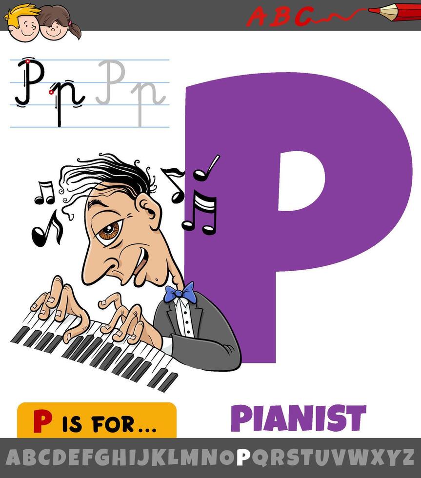 letter P from alphabet with cartoon pianist character vector